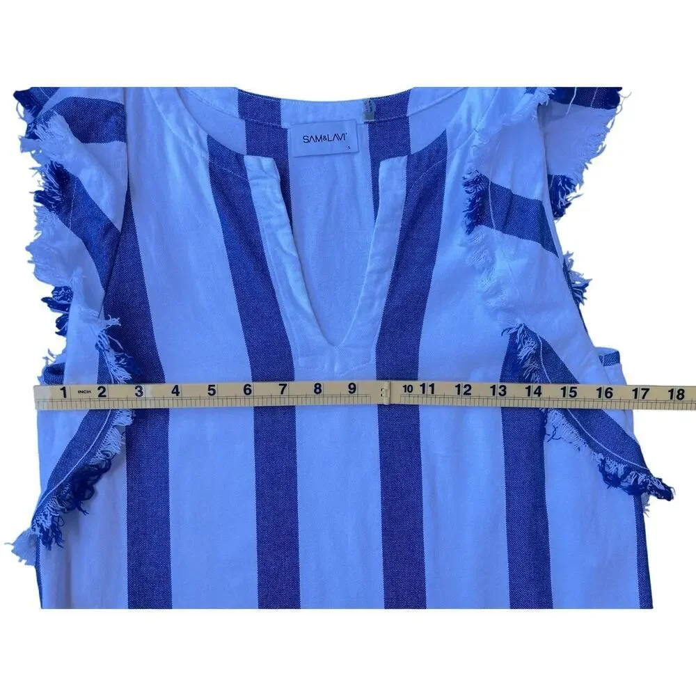 Sam & Lavi Blue White Striped Sleeveless Shift Dress with Frayed Edges - Small - Picture 5 of 8